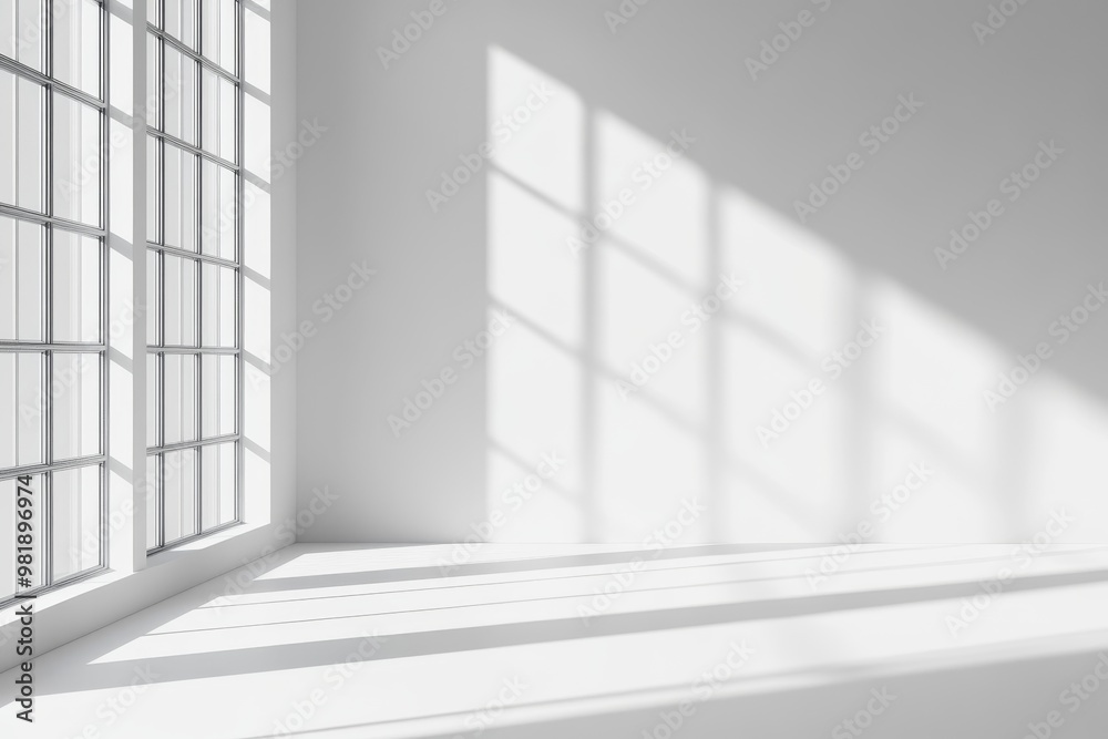 Sunlight streaming through a large window casts geometric shadows on a white wall and floor. Sunlight streaming through a large window casts geometric shadows on a white wall and floor.