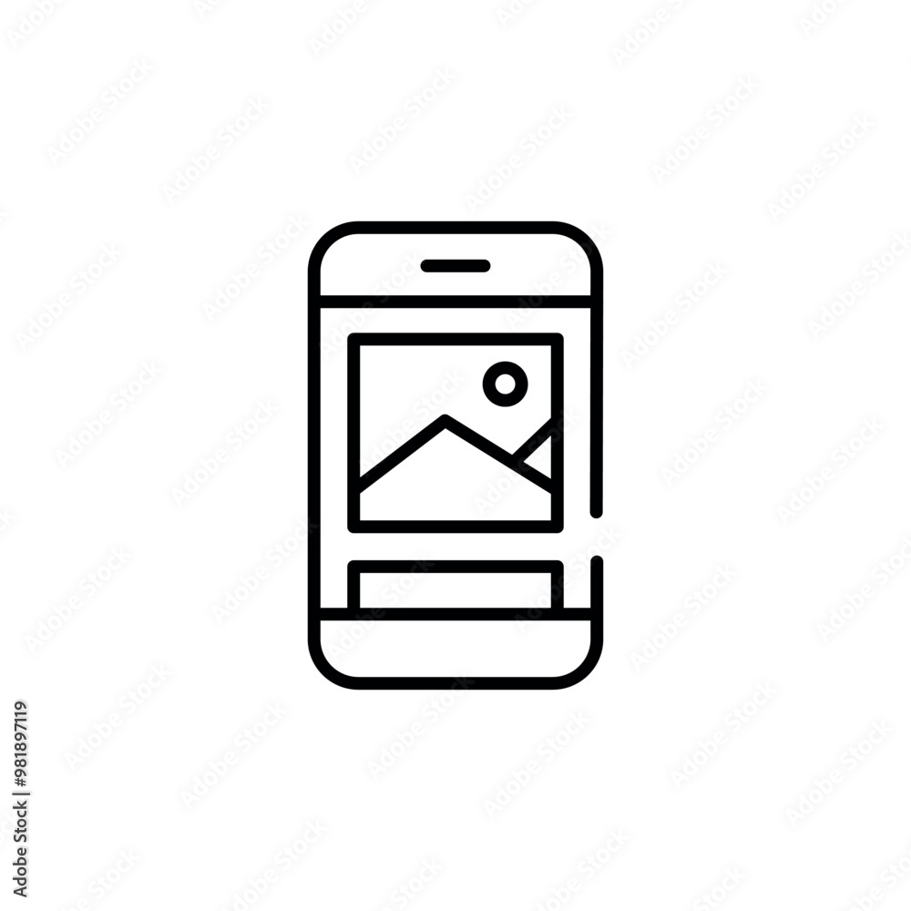 Mobile photo display icon. Minimalist vector illustration of a smartphone screen showing an image, representing photo viewing, mobile gallery, and digital photography Mobile photo display icon. Minimalist vector illustration of a smartphone screen showing an image, representing photo viewing, mobile gallery, and digital photography