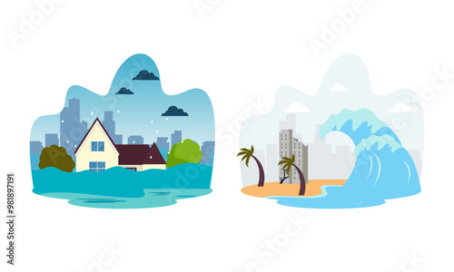 Natural disaster scenes. Different elemental calamity logo