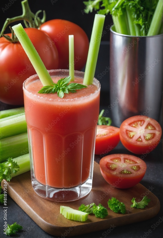 Freshly squeezed tomato juice with celery sticks and basil leaves on a wooden board Freshly squeezed tomato juice with celery sticks and basil leaves on a wooden board
