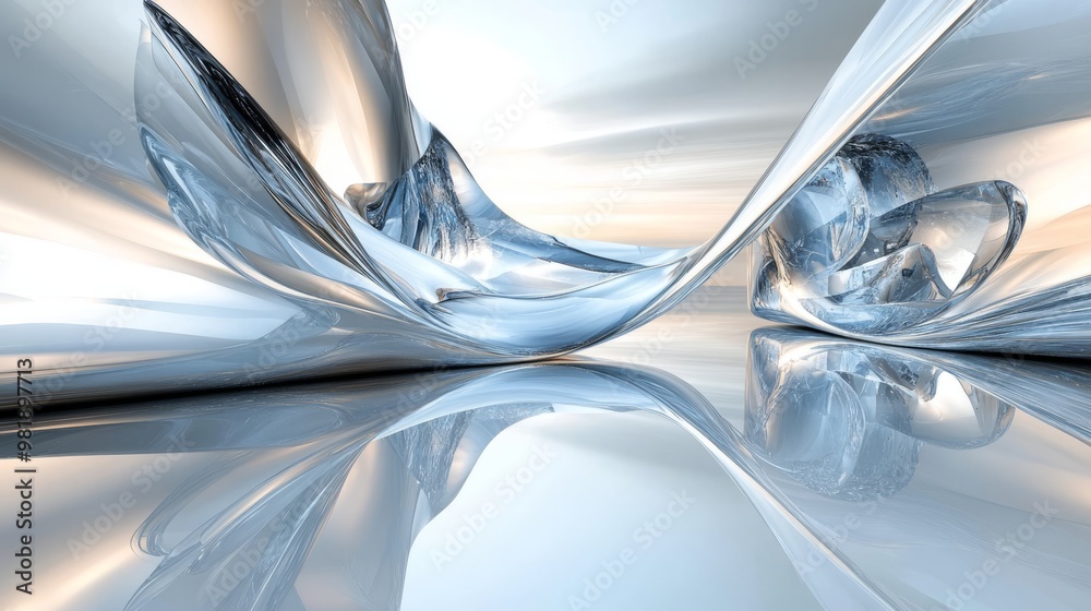 Abstract Silver and Blue Curved Shapes Reflecting in a Smooth Surface