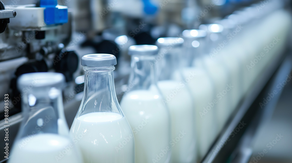 Glass bottles filled with milk on a conveyor belt in a modern factory. Glass bottles filled with milk on a conveyor belt in a modern factory.