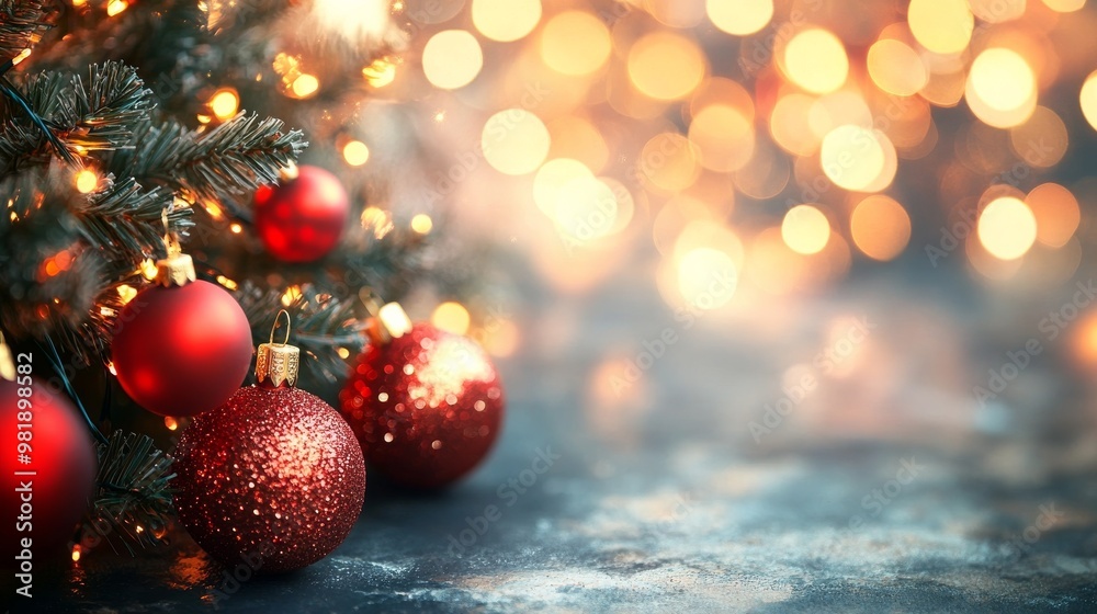 Fototapeta premium Xmas tree ornaments on a blurry backdrop.