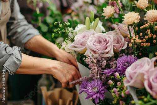 A close-up shot of a florist arranging a bouquet of delicate pink roses and purple flowers. The florist's hands are visible, carefully placing the flowers into a bouquet.