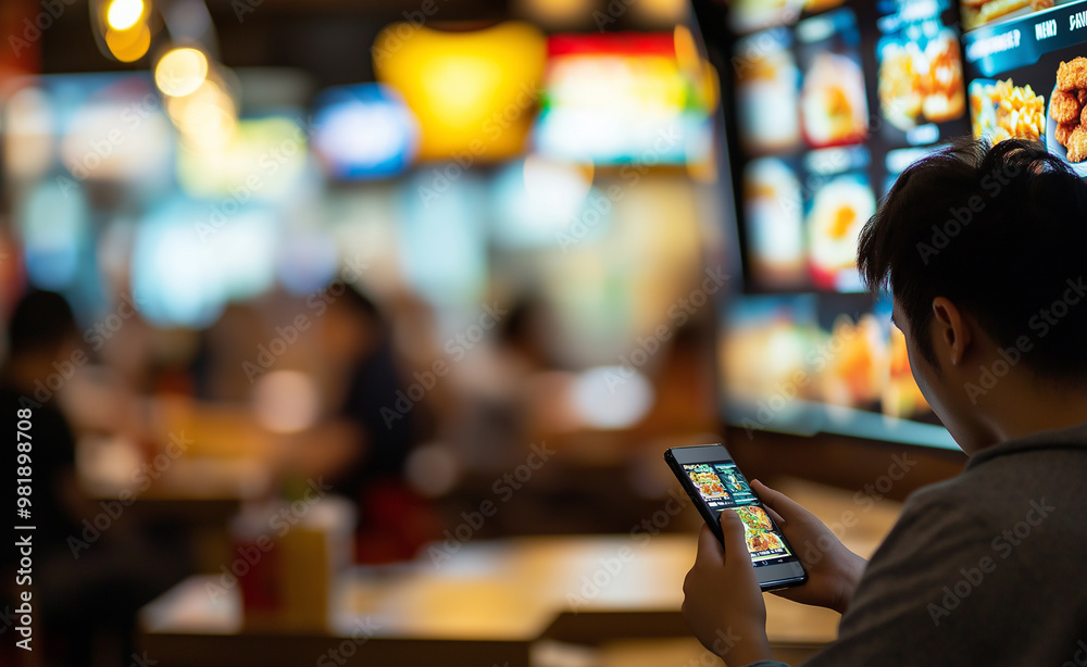 A customer at a fast-food restaurant counter, checking a phone while ordering food. A customer at a fast-food restaurant counter, checking a phone while ordering food.