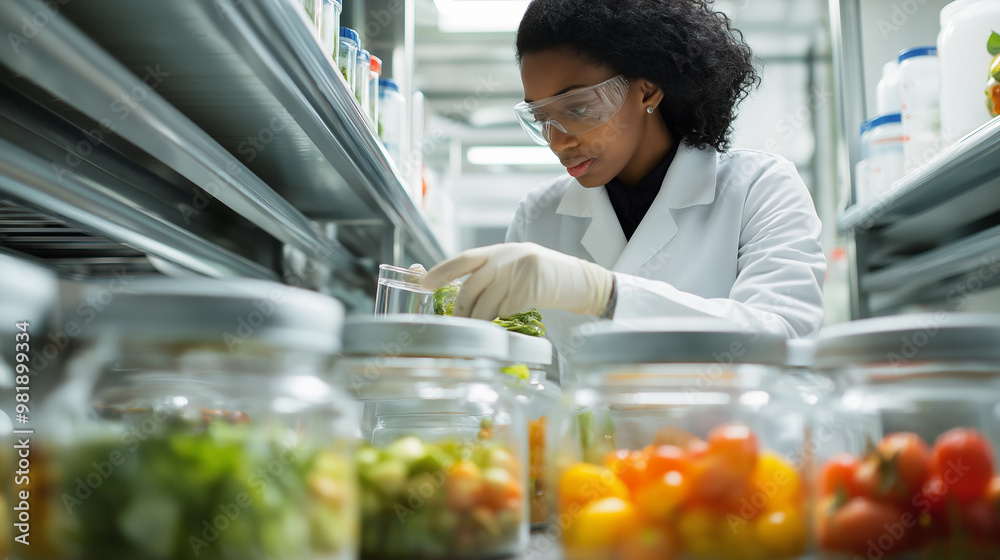 Fototapeta premium A scientist working in a lab with fresh produce and laboratory equipment, testing food quality.