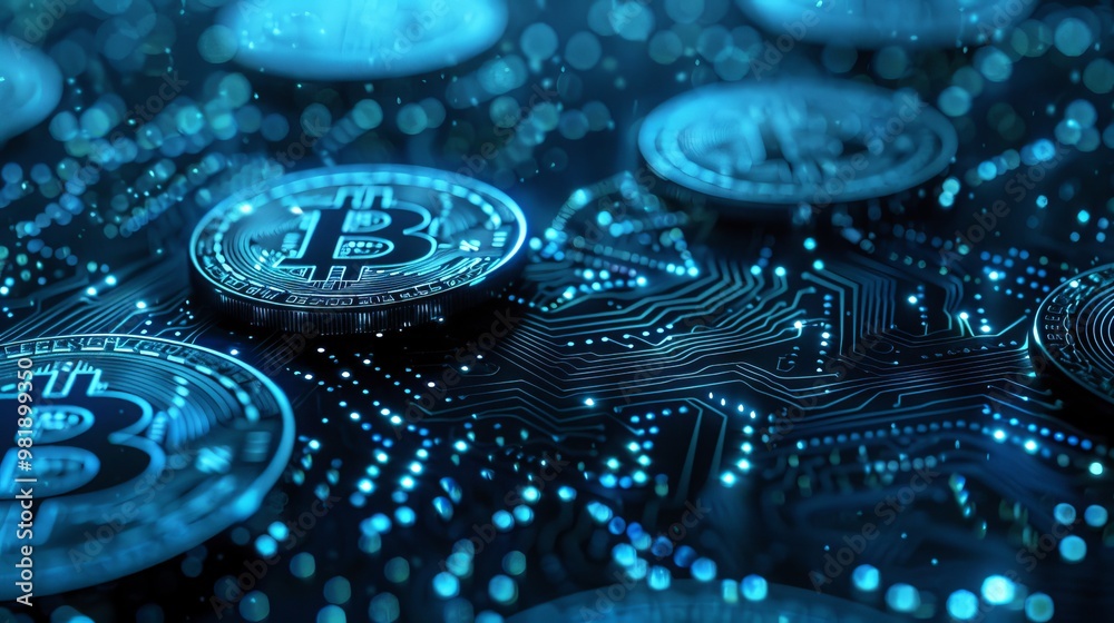 High-tech cryptocurrency background with virtual coins and a network of interconnected nodes High-tech cryptocurrency background with virtual coins and a network of interconnected nodes
