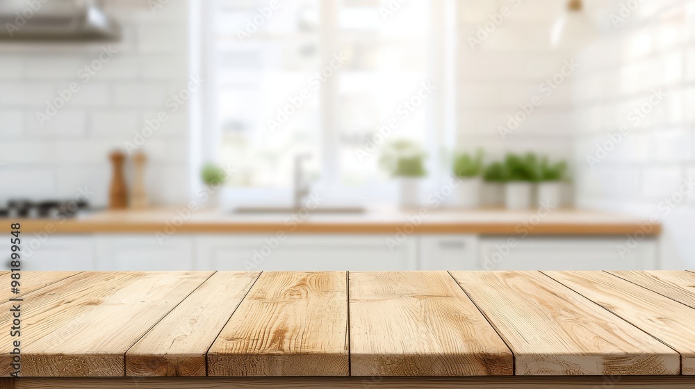Wooden Tabletop Over Blurred Kitchen Background