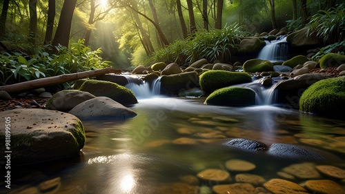 Crystal-Clear Riverbeds. Transparent water revealing smooth stones beneath with sunlight reflecting off the surface creating a serene and tranquil atmosphere. Realistic style. photo