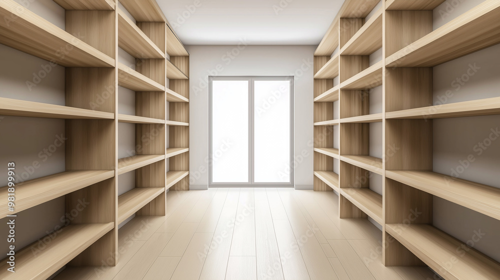 A long corridor of empty wooden shelves in a large storage room or library. A long corridor of empty wooden shelves in a large storage room or library.