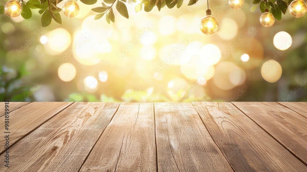 Rustic Wooden Tabletop with Warm Bokeh Lights and Green Leaves Rustic Wooden Tabletop with Warm Bokeh Lights and Green Leaves