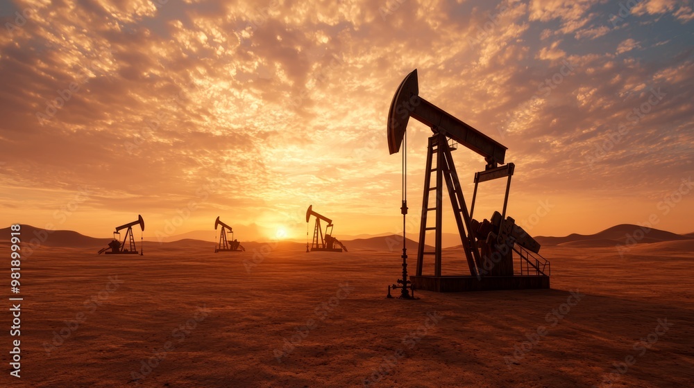 An oil drilling site at sunset, with multiple rigs silhouetted against a colorful sky, showcasing an industrial landscape in a natural setting. An oil drilling site at sunset, with multiple rigs silhouetted against a colorful sky, showcasing an industrial landscape in a natural setting.