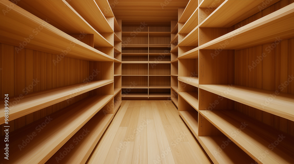 A long corridor of empty wooden shelves in a large storage room or library.
