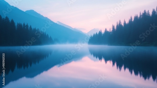 Misty Morning Reflections on a Still Mountain Lake