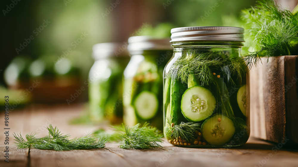 Jars of homemade pickles with cucumbers and dill, placed on a rustic wooden table.