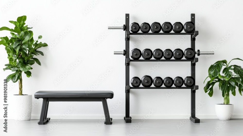 A modern gym setup featuring a black weight bench, a rack of dumbbells, and green plants against a minimalist wall. A modern gym setup featuring a black weight bench, a rack of dumbbells, and green plants against a minimalist wall.