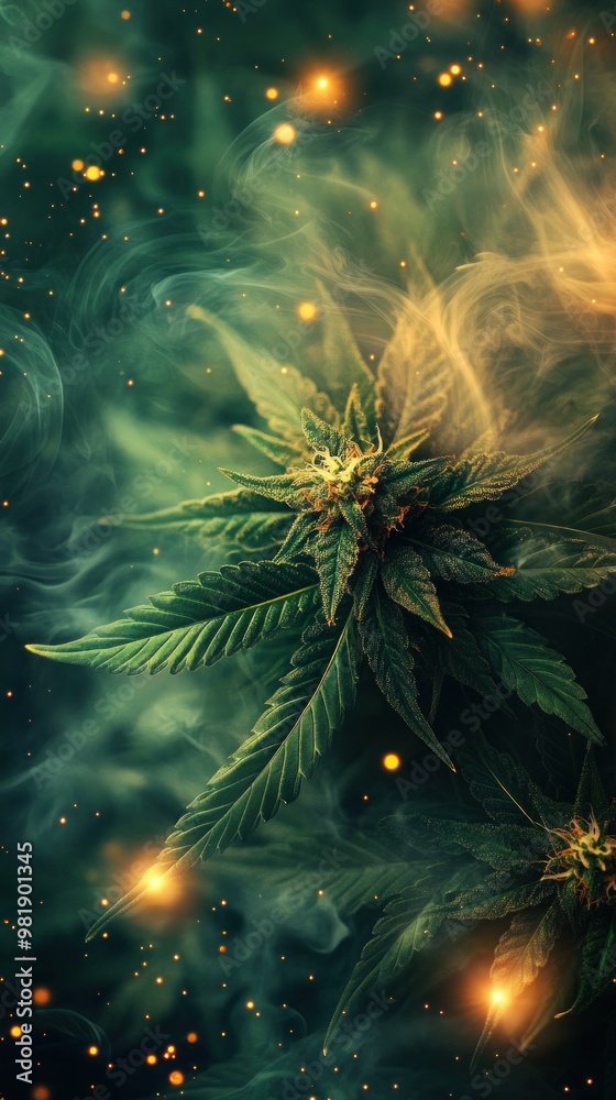 Obraz premium A Cannabis Bud Surrounded by Smoke and Glowing Particles