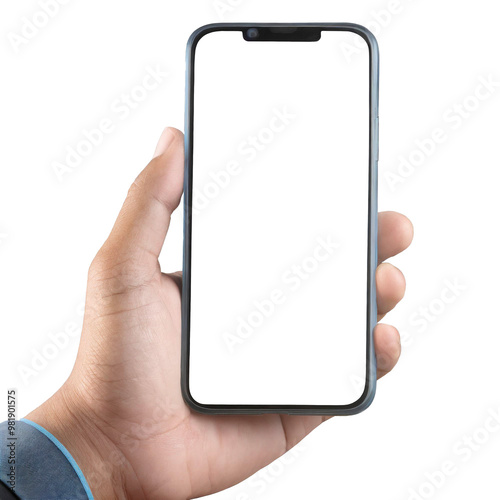 Man hand holding smart phone with blank screen isolated on transparent background.