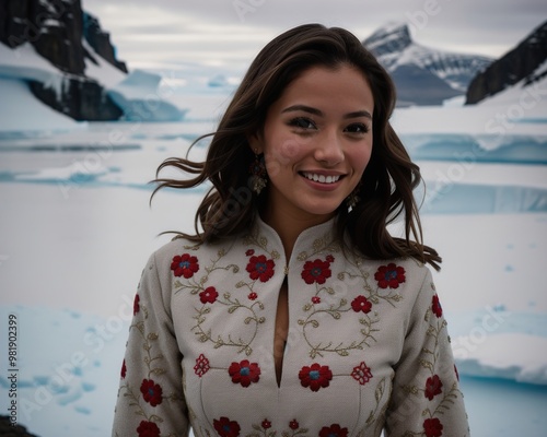 Portrait of a young woman smiling at camera in front of icebergs. ai generative photo