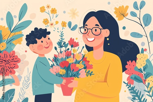 Happy Children Celebrating Teacher Appreciation with Flowers – A Heartwarming Illustration of Gratitude and Joy in a Classroom Setting