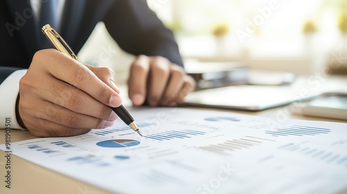 Businessman Analyzing Financial Data with Pen and Charts