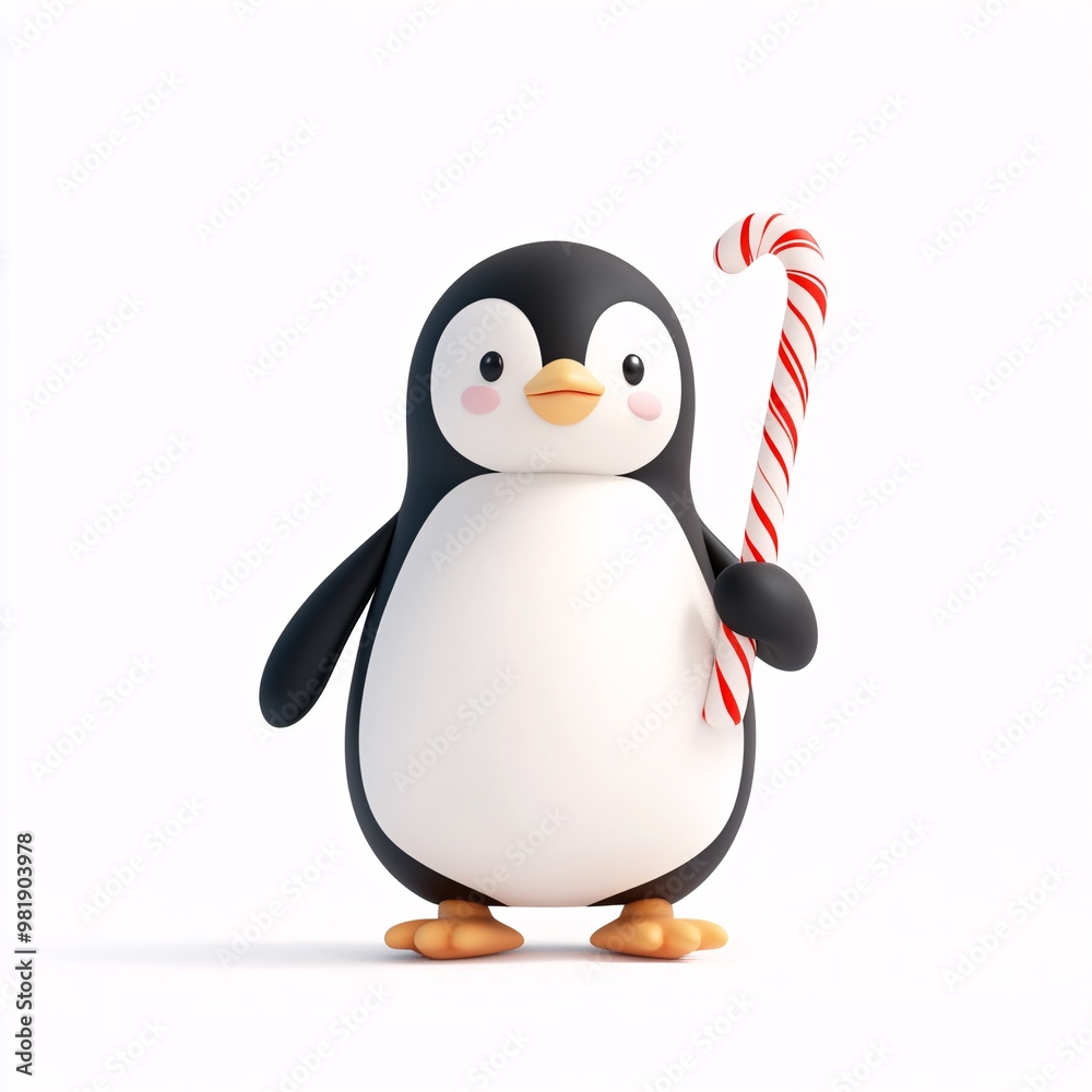 Fototapeta premium Cute Cartoon Penguin with Candy Cane for Holidays