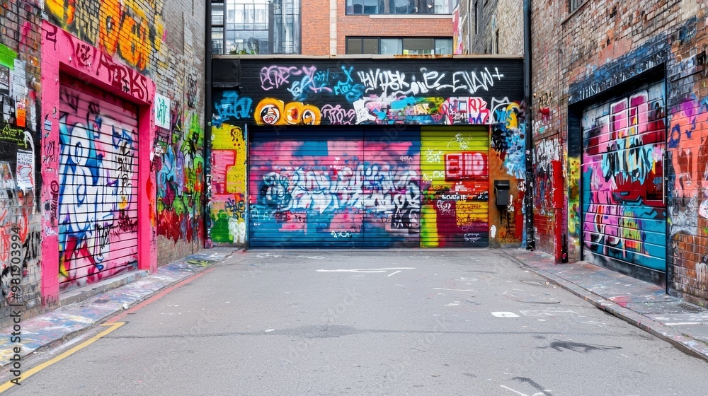 Naklejka premium A vibrant urban alley adorned with colorful graffiti on brick walls, showcasing artistic expressions and a creative street culture.