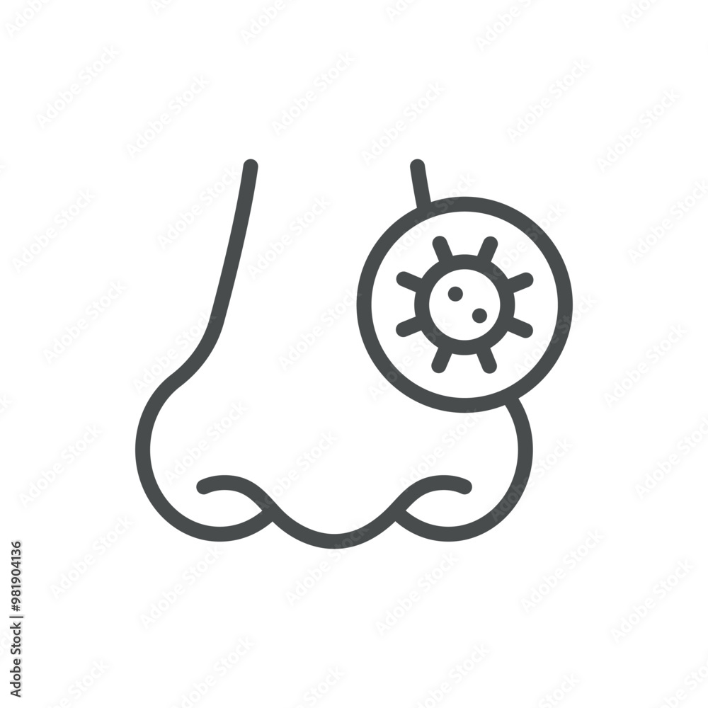 Nasal Virus Infection Icon. Thin Line Illustration of Nose with Virus Symbol Representing Sinus Infection. Medical Vector Sign for Viral Sinusitis and Respiratory Health. Nasal Virus Infection Icon. Thin Line Illustration of Nose with Virus Symbol Representing Sinus Infection. Medical Vector Sign for Viral Sinusitis and Respiratory Health.