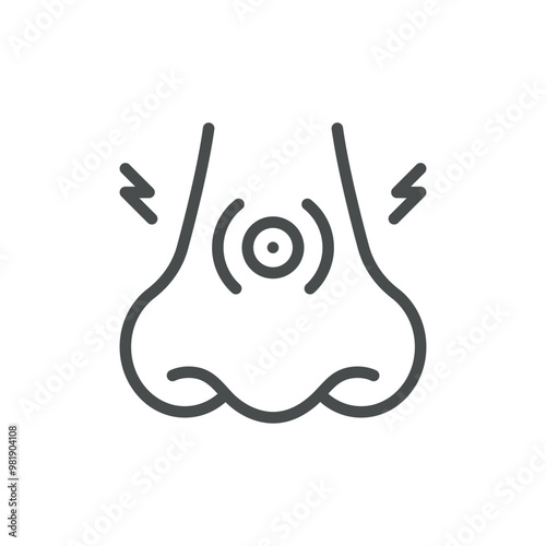 Nasal Congestion Icon. Thin Line Illustration of Nose with Pressure Symbol Representing Blockage. Medical Vector Sign for Sinus Pressure and Breathing Issues. photo