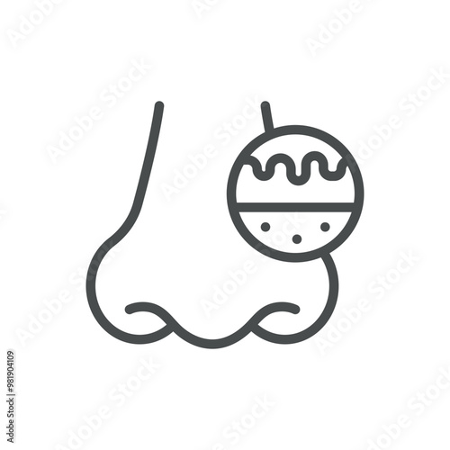 Nasal Mucosa Hypertrophy Icon. Thin Line Illustration of Nose with Enlarged Mucosa Representing Hypertrophy. Medical Vector Sign for Nasal Swelling and Respiratory Issues.