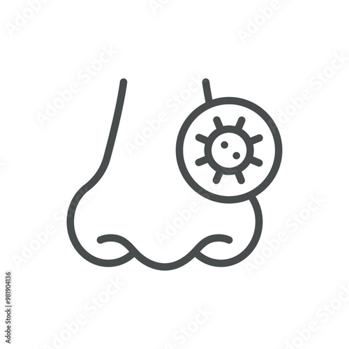 Nasal Virus Infection Icon. Thin Line Illustration of Nose with Virus Symbol Representing Sinus Infection. Medical Vector Sign for Viral Sinusitis and Respiratory Health.