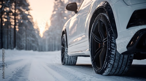 White clean car with big front wheels on winter road, Generative AI