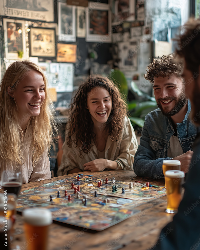 Fototapeta premium Group of Friends Playing Board Game at Pub, Enjoying Drinks and Laughter, Social Gathering, Fun Game Night, Relaxed Atmosphere with Beers and Conversation