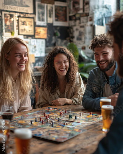 Group of Friends Playing Board Game at Pub, Enjoying Drinks and Laughter, Social Gathering, Fun Game Night, Relaxed Atmosphere with Beers and Conversation