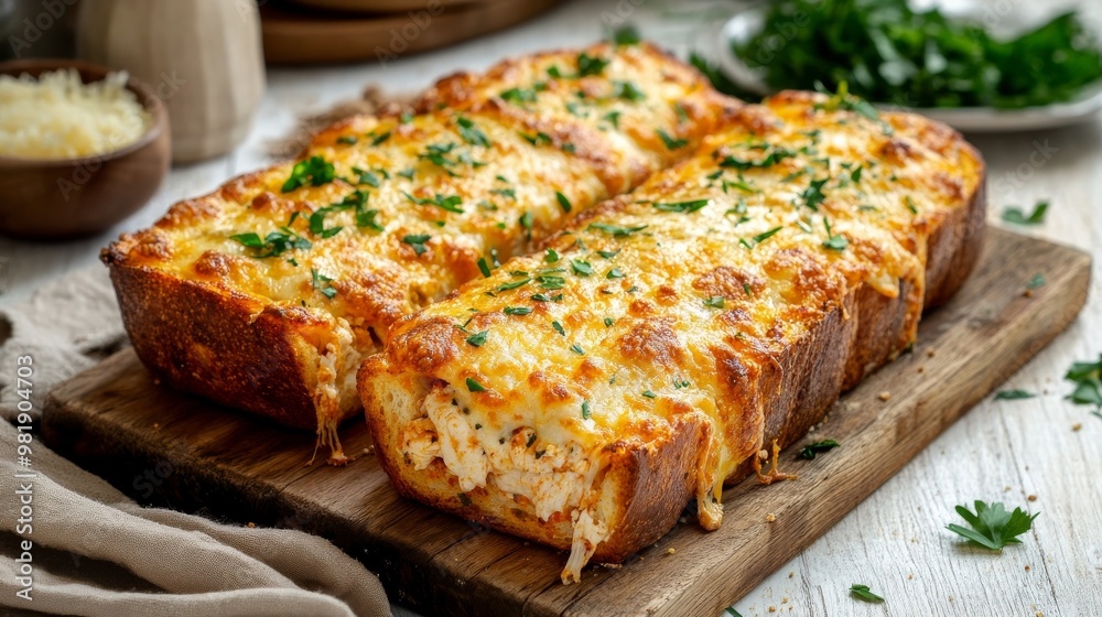 Chicken parmesan garlic bread on rustic board Chicken parmesan garlic bread on rustic board