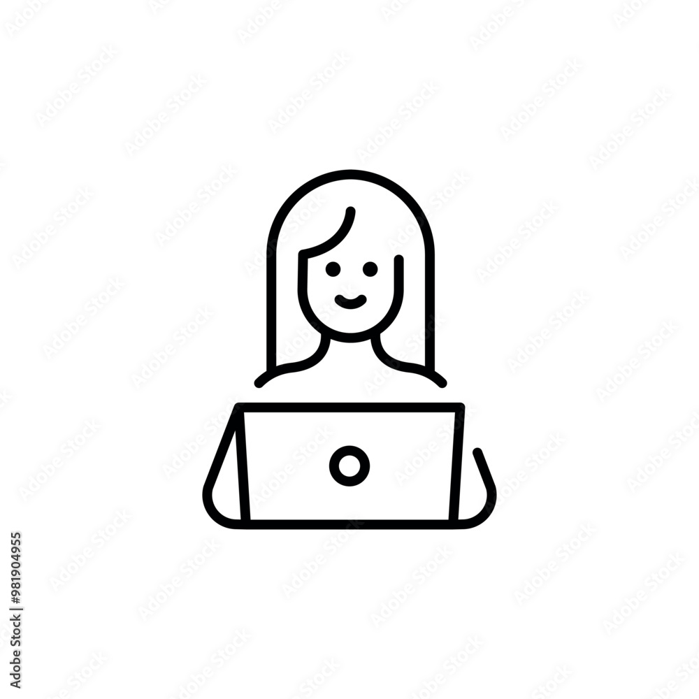 Online chat icon. Outline illustration of a person using a laptop with speech bubbles, representing digital communication. Perfect for topics related to digital interactions. Vector illustration Online chat icon. Outline illustration of a person using a laptop with speech bubbles, representing digital communication. Perfect for topics related to digital interactions. Vector illustration