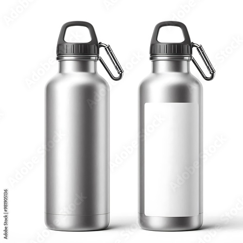 Blank 1000ml Single-Wall Stainless Steel Gym Sport Water Bottle Mockup Template Design on White Background photo