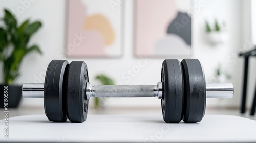 A close-up of a weight dumbbell on a clean surface, with modern decor and greenery in the background, showcasing fitness and health themes.