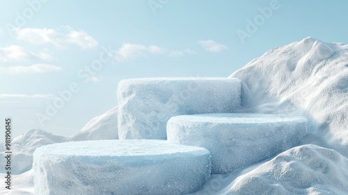 Winter Wonderland Showcase - 3D Rendered Frosted White Podium with Snowdrifts and Ice Crystals for Winter Sports Products Display