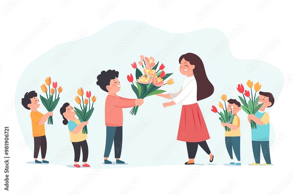 Happy Children Celebrating Teacher Appreciation with Flowers – A Heartwarming Illustration of Gratitude and Joy in a Classroom Setting Happy Children Celebrating Teacher Appreciation with Flowers – A Heartwarming Illustration of Gratitude and Joy in a Classroom Setting