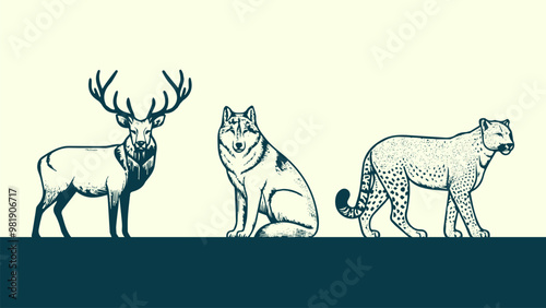 Set of hand drawn wild animals deer rhino and leopard on white background. Vector illustration.