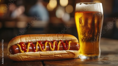 At the table, a glass of beer and a hot dog with mustard and ketchup 