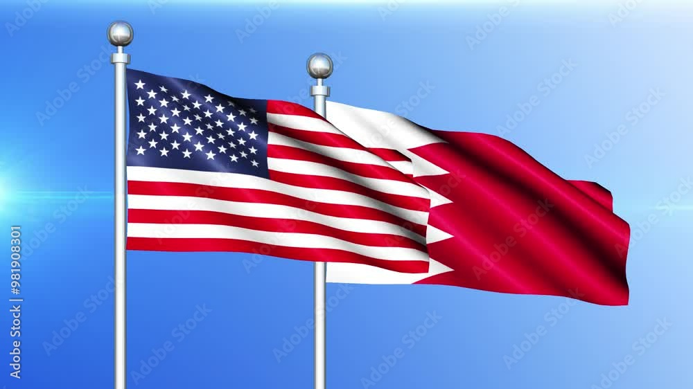 USA and Bahrain flag waving on pole seamless loop