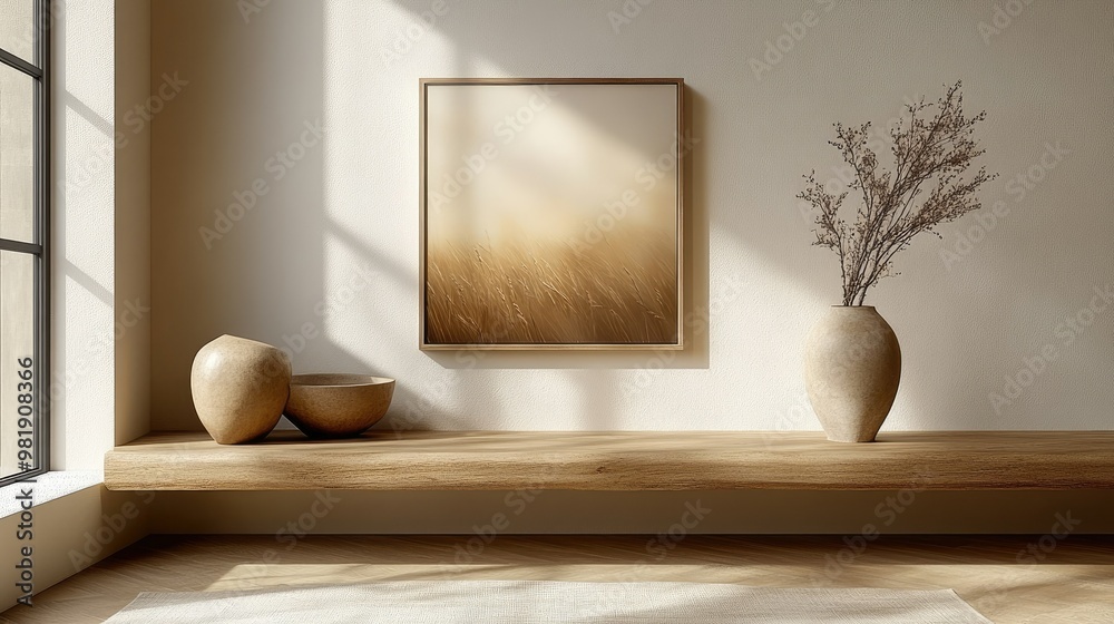 Light beige background with a single framed piece of artwork in the center