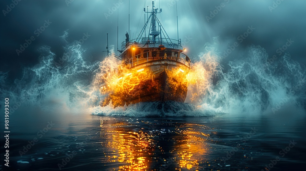 Ship Sailing Through a Stormy Sea at Night