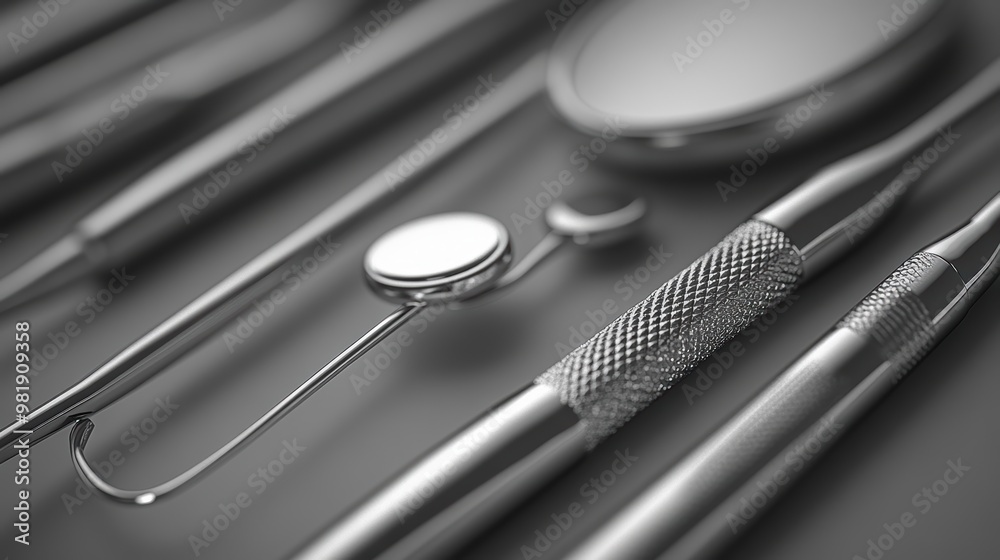 Black and white close-up of modern, sleek dental instruments (mirror, explorer, scaler) with polished surfaces, in a minimalistic, sterile environment. The scene is set in a clean, calm dental office Black and white close-up of modern, sleek dental instruments (mirror, explorer, scaler) with polished surfaces, in a minimalistic, sterile environment. The scene is set in a clean, calm dental office