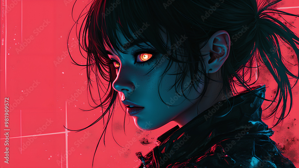 Naklejka premium Cyber Punk cyborg hacker woman portrait highly detailed Mayhem style splattered Silhouette