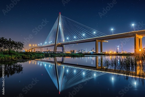 Photograph of the massive new bridge across an island in Galveston at night