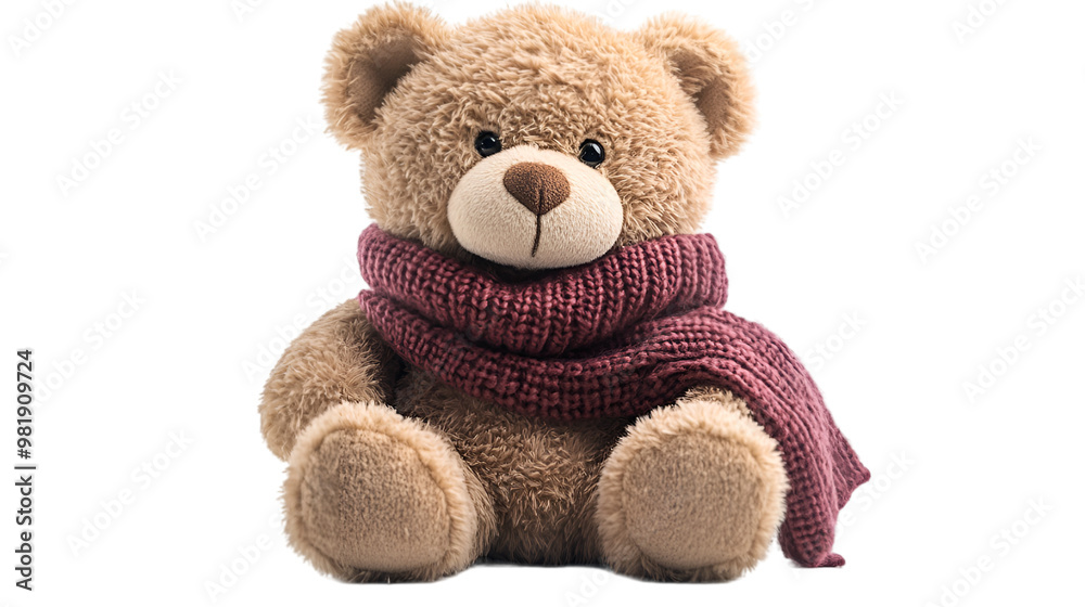 Obraz premium A teddy bear adorned with a colorful scarf, set against a contrasting black background, exuding warmth and charm.