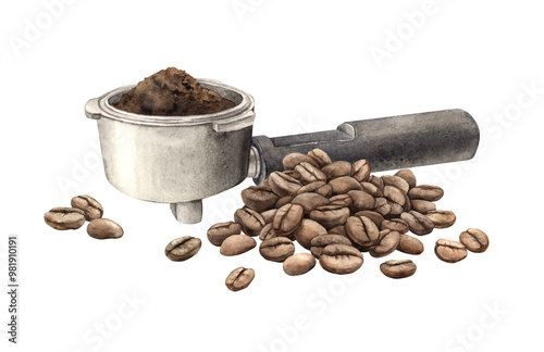 Portafilter, holder with ground coffee and roasted processed beans. Watercolor illustration, hand-drawn on isolated background. For design of shops and cafes, banners, postcards, packaging